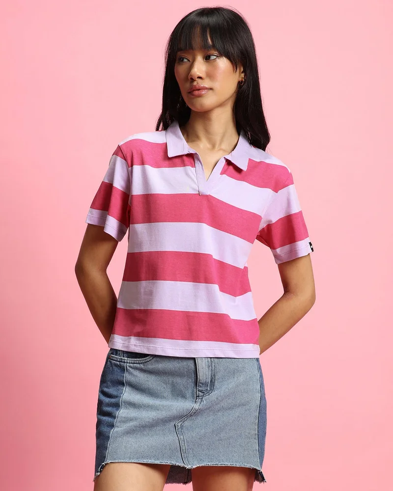 bewakoof Women's Pink & White Striped Polo T-shirt